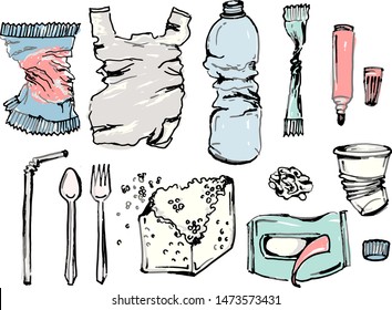 Vector isolated plastic rubbish in color, hand drawn garbage sketch style, colorful trash