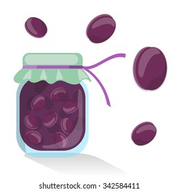 Vector isolated plum jam in jar and plums. Fruit jam. Homemade food. Sweet jam. Glass bottle with cap. Flat style vector illustration isolated on white background.