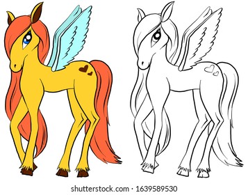 Vector isolated pony. Coloring of pony. Colored pink cartoon horse. Coloring and colorful pony