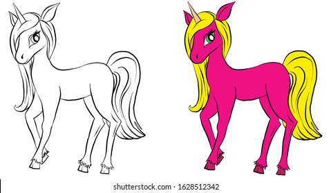 Vector isolated pony. Coloring of unicorn. Colored pink cartoon pony. Coloring and colorful unicorn