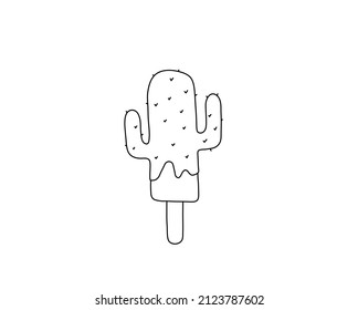 Vector isolated popsicle ice cream on a stick in the shape of a cactus colorless black and white contour line drawing