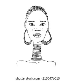 Vector isolated portrait of african tribe young woman. Outline artwork.