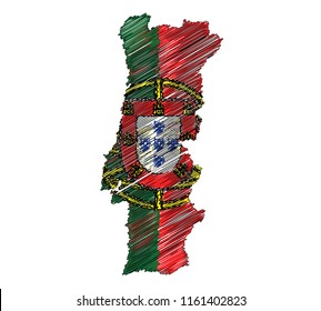 Vector of isolated Portugal map with the flag. Engraving style hatching pen pencil painting illustration concept.