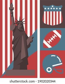 vector isolated poster image in three colors depicting united states of america landmark statue of liberty, ball, helmet and country flag. protection of human rights, patriotic poster, cover, print.