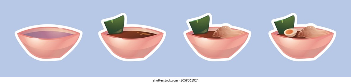 Vector isolated props plate with asian noodles. Empty plate, miso soup, noodles, udon, ramen. Delicious colorful Chinese, Korean, Japanese dish. Illustration for game design. Digital art.