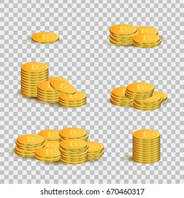 Vector isolated realistic golden bitcoin coins on the transparent background. Concept of digital currency, mining and money.