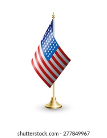 Vector isolated realistic illustration of the flag of the United States on a golden stand. Used as element for Web site, printed material, infographic, Independence Day, national holiday, Memorial