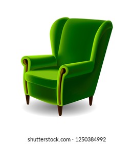 Vector isolated realistic illustration of green retro velours armchair. Interior design element. Home decoration. Furniture for living room. Comfortable seat. Relaxing, rest.