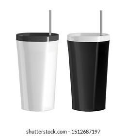 Vector isolated realistic image of thermal cups. Illustration of a white and black ceramic glass. Element for your design.