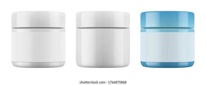 Vector isolated realistic jar. Mockup (layout) of glossy plastic packaging and cap for cream or other cosmetics. EPS 10