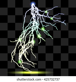 Vector isolated realistic lightnings with transparency for design. Thunder-storm and lightnings. Magic and bright lighting effects. 