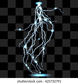 Vector isolated realistic lightnings with transparency for design. Thunder-storm and lightnings. Magic and bright lighting effects. 