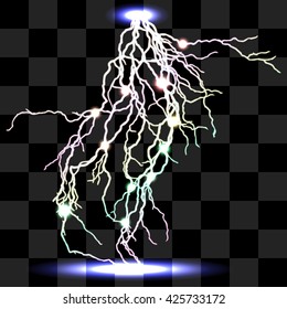 Vector isolated realistic lightnings with transparency for design. Thunder-storm and lightnings. Magic and bright lighting effects. 