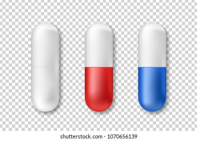 Vector isolated realistic pills for decoration and covering on the transparent background. Concept of medicine, healthcare and doctor profession.