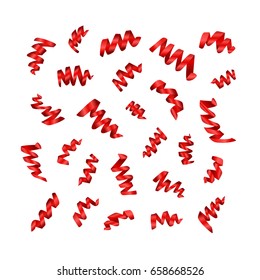 Vector isolated realistic set of holiday red serpentine ribbons on the white background.