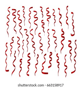 Vector isolated realistic set of holiday red serpentine ribbons on the white background.