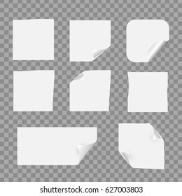 Vector isolated realistic set of paper note on the transparent background. White template mockup for message, decoration and covering.