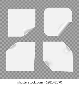 Vector isolated realistic set of paper note on the transparent background. White template mockup for message, decoration and covering.
