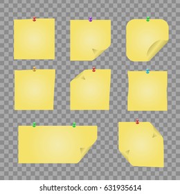 Vector isolated realistic set of yellow pinned paper note on the transparent background. Template mockup for message, decoration and covering.