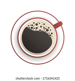 Vector isolated red cup of black coffee with foam. Top view.