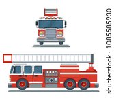 Vector isolated red fire engine front and side view. Fire truck rescue engine transportation. Firefighter emergency. Flat cartoon illustration. Objects isolated on a white background.