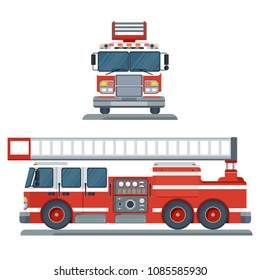 Vector isolated red fire engine front and side view. Fire truck rescue engine transportation. Firefighter emergency. Flat cartoon illustration. Objects isolated on a white background.