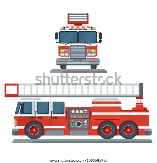 Vector isolated red fire engine front and\
side view. Fire truck rescue engine transportation. Firefighter\
emergency. Flat cartoon illustration. Objects isolated on a white\
background.