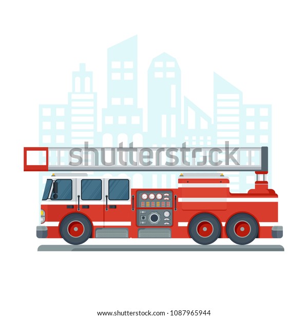 Vector isolated red fire engine front and
side view. Fire truck rescue engine transportation. Firefighter
emergency. Flat cartoon illustration. Objects isolated on a white
background.