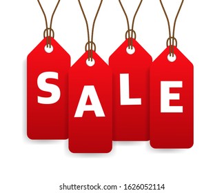 Vector isolated red hanging sales tags with optional transparent ground shadow.