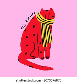 vector isolated red tiger in a scarf with humor lettering. Trending symbol of the new year 2022. christmas poster and card.Vibrant funky groove style.Funny bizarre sticker flat animal tiger cub.