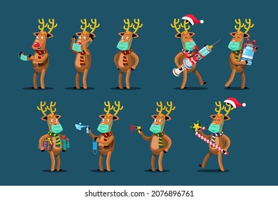 Vector isolated reindeer character with face mask and coronavirus vaccine in hands. Merry Christmas cutout element for Holiday cards, invitations and website celebration decoration.