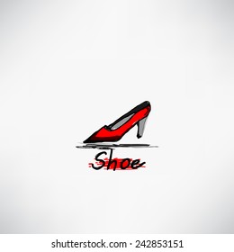Vector isolated retro red woman shoe and the handwritten word "shoe"