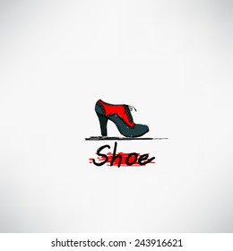 Vector isolated retro red woman summer spring and autumn shoe and the handwritten word "shoe"