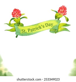 Vector isolated ribbon with clover flowers for St. Patrick's Day on  watercolor background
