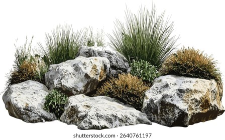 Vector isolated rocks, grassy weed, landscape composition, transparent, nature art, grass field, outdoor design, plant elements, natural landscape, clear background