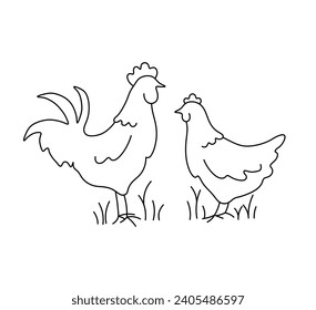 Vector isolated a rooster and a hen are opposite each other colorless black and white contour line easy drawing