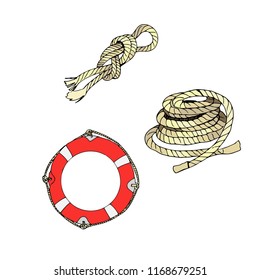 Vector isolated rope, rope knot, life ring on white background can be used for design of cards, wallpapers, textiles, books and other works on the marine theme