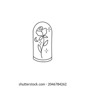 La rosa aislada del vector en un plano de línea de contorno de matraz. Rosa bajo el icono gráfico del capó, logotipo, símbolo