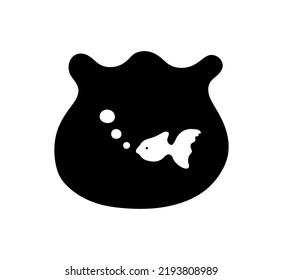 Acuario redondeado aislado de vectores con sombra de silueta negra incolora de peces y burbujas