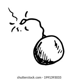 vector isolated round bomb with a burning, sparkling wick. hand-drawn vintage doodle style bomb ,black outline on white background for design template, symbol of destruction and war