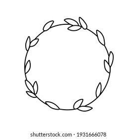 Vector isolated round decorative graphic frame with leafs. Simple colorless line frame.