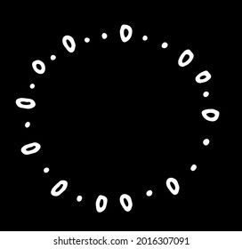 Vector isolated round frame of dots and ovals drawn by hand in the style of doodles, isolated white line on a black background for a design template with an empty space inside for text. Vintage doodle