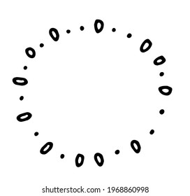 Vector isolated round frame with a pattern of dots and ovals drawn by hand in doodle style, black line on a white background for a design template with a blank space inside for text