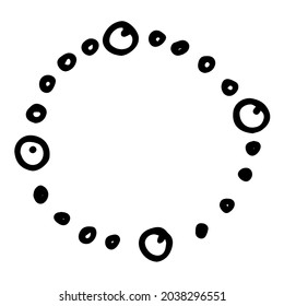 Vector isolated round frame with a pattern of dots and circles with dots inside on four vertices, hand-drawn in the style of doodles, a black line on a white background for a design template with 