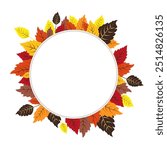 Vector isolated round frame of yellow dry autumn leaves. Border for text. Flat clipart for design