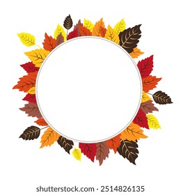 Vector isolated round frame of yellow dry autumn leaves. Border for text. Flat clipart for design