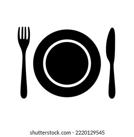 Vector isolated round plate with fork and knife serving stencil  colorless black and white outline silhouette shadow shape 