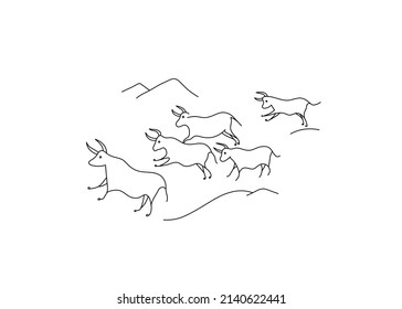 Vector Isolated Running Herd Of Bulls Rock Art Painting Colorless Black And White Contour Line Simple Drawing