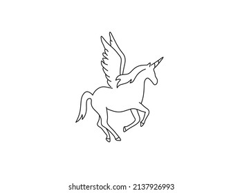 Vector aislado de caballo en ejecución unicornio pegasus con alas color negro contorno plantilla de línea de silueta