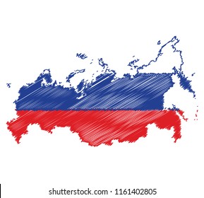 Vector of isolated Russia map with the flag. Engraving style hatching pen pencil painting illustration concept.
